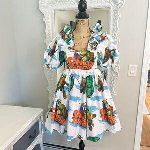 New York Couture Reworked Teenage Mutant Ninja Turtles Ruffle Puff Sleeve Dress